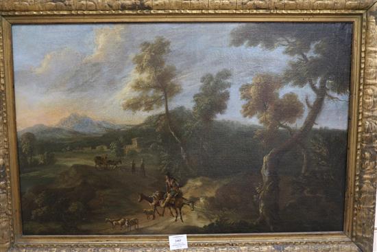 18th century Spanish School, oil on canvas, traveller with donkeys 47 x 73cm